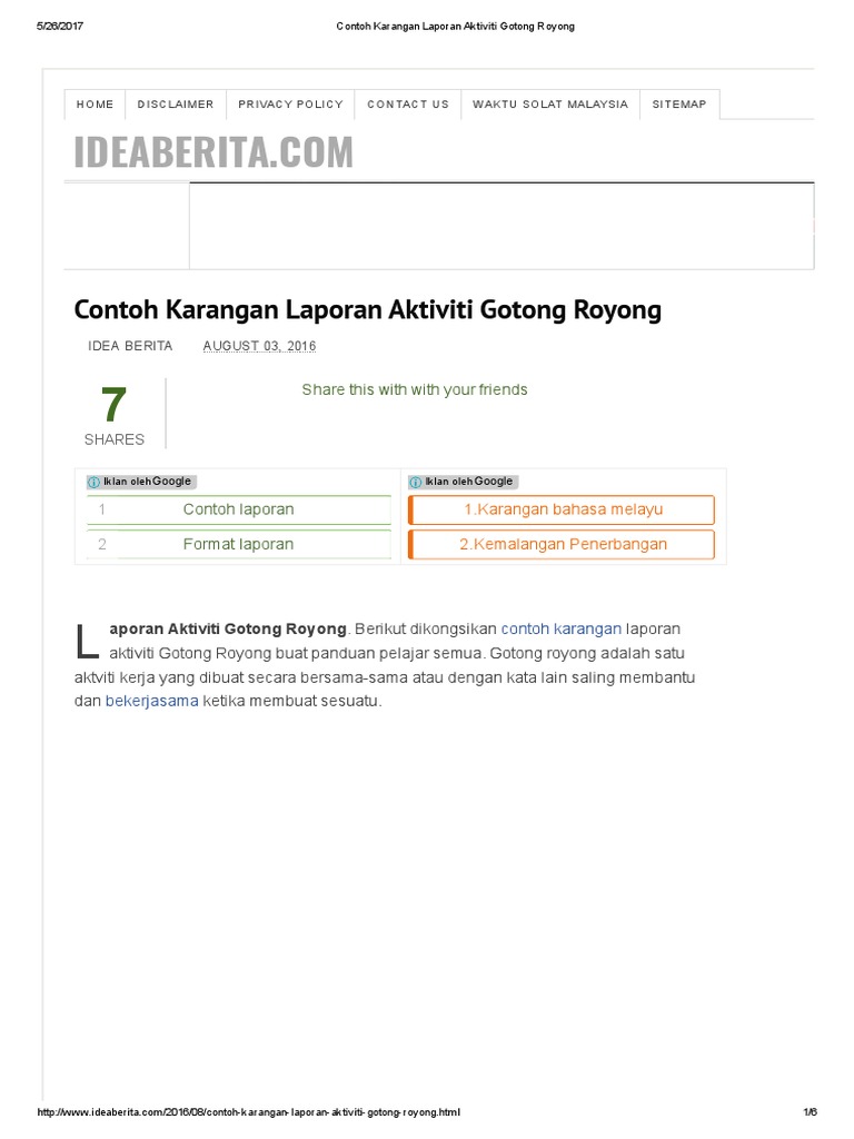 Contoh Karangan Laporan Aktiviti Gotong Royong