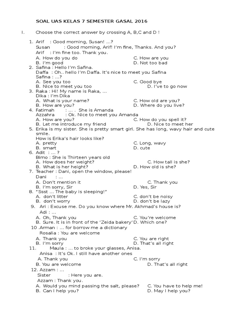 Soal Uas Kls 7smtr 1 2016 2017 Schools Further Education