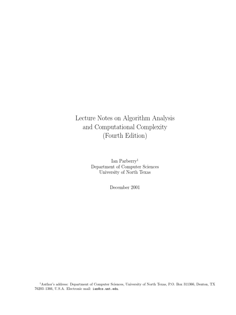 Lecture Notes On Algorithm Analysis and Computational Complexity ...