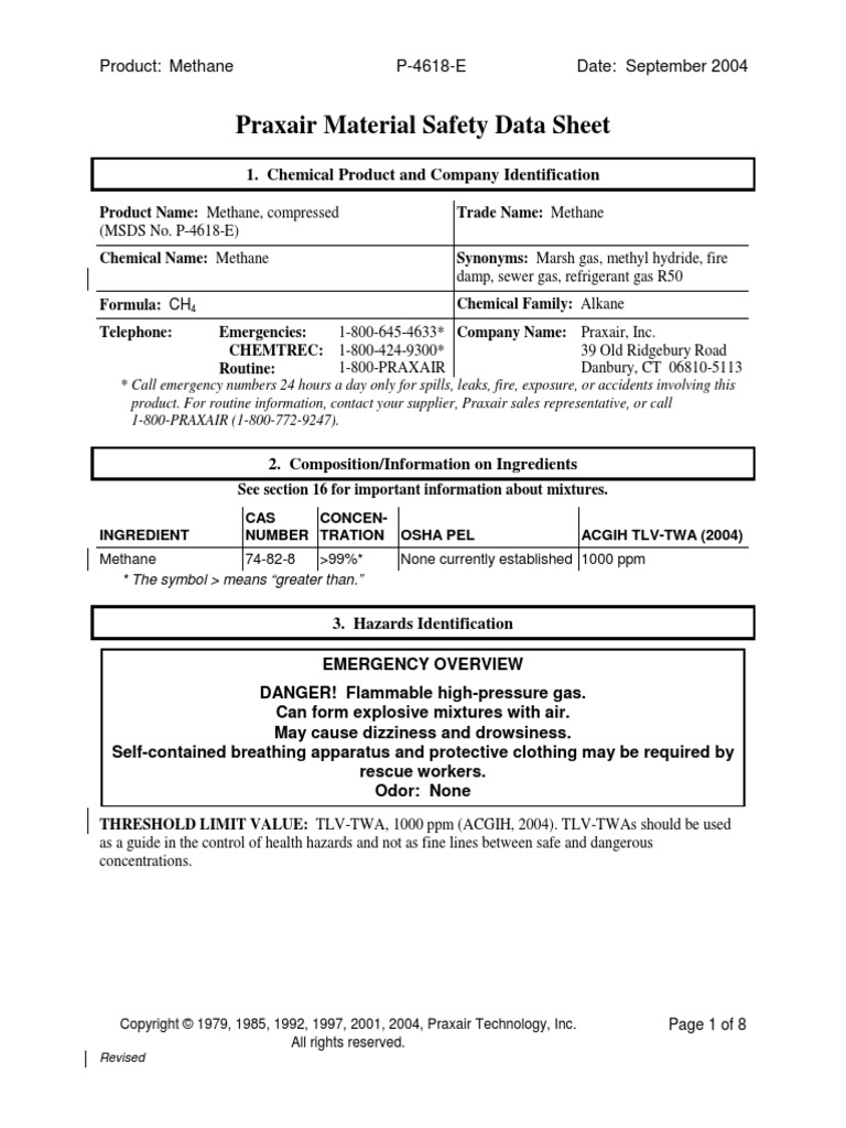 Praxair Material Safety Data Sheet Product Methane P4618E Date