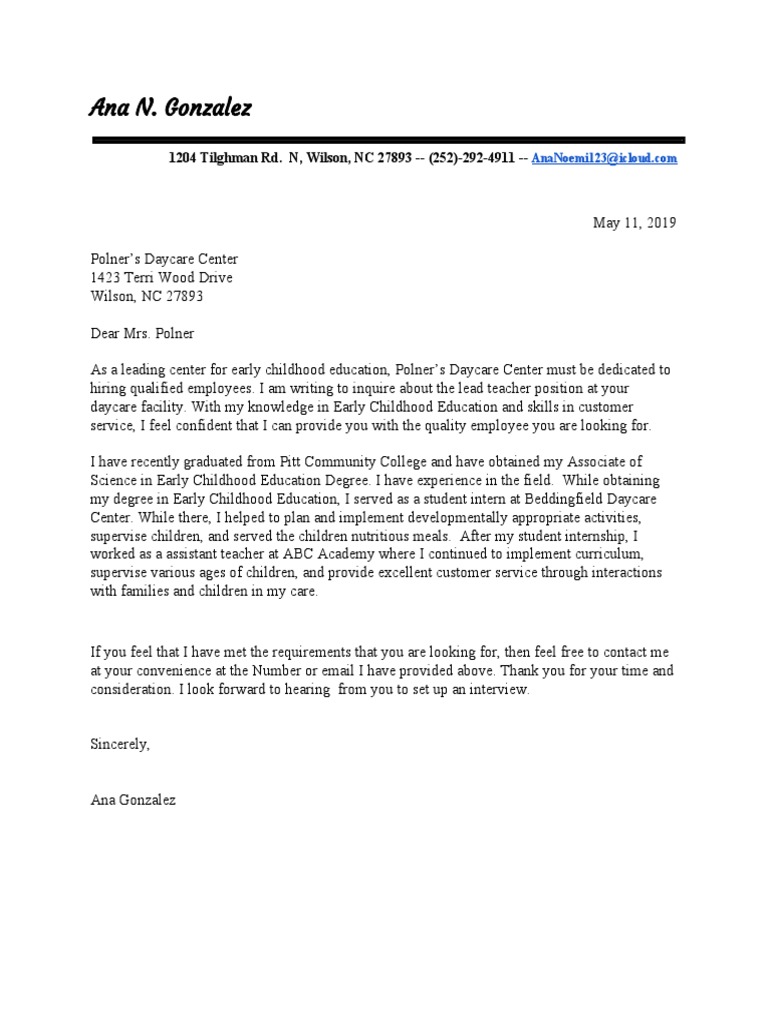 Ana N. Gonzalez 1204 Tilghman Rd. N, Wilson, NC 27893 (252) 2924911 PDF