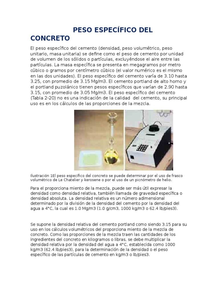 Peso Específico Del Concreto Densidad Cemento