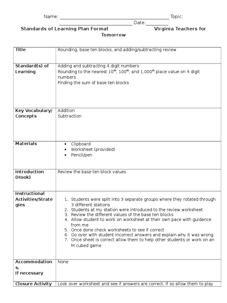 Standards of Learning Plan Format Virginia Teachers For Tomorrow PDF