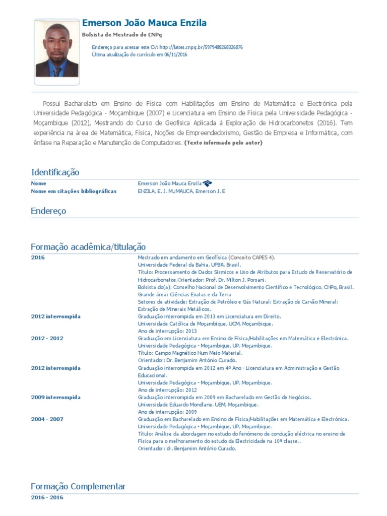 Currículo Do Sistema de Currículos Lattes (Emerson João Mauca Enzila) PDF Diploma de
