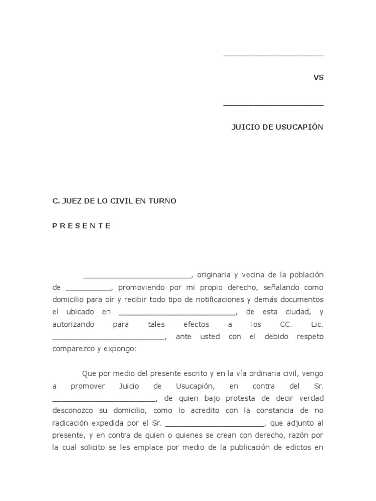 Modelo Juicio Usucapion | PDF | Demanda judicial | Propiedad
