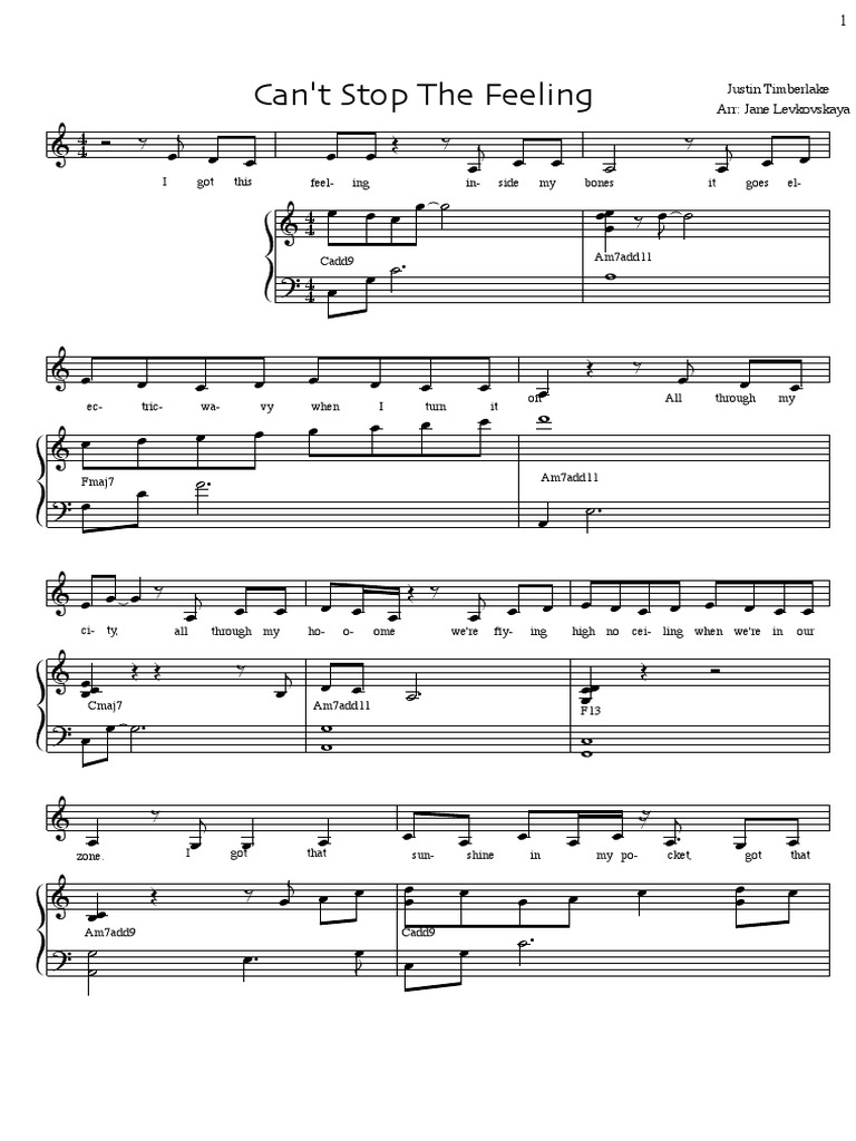 Can't Stop the Feeling piano and voice music sheet Justin