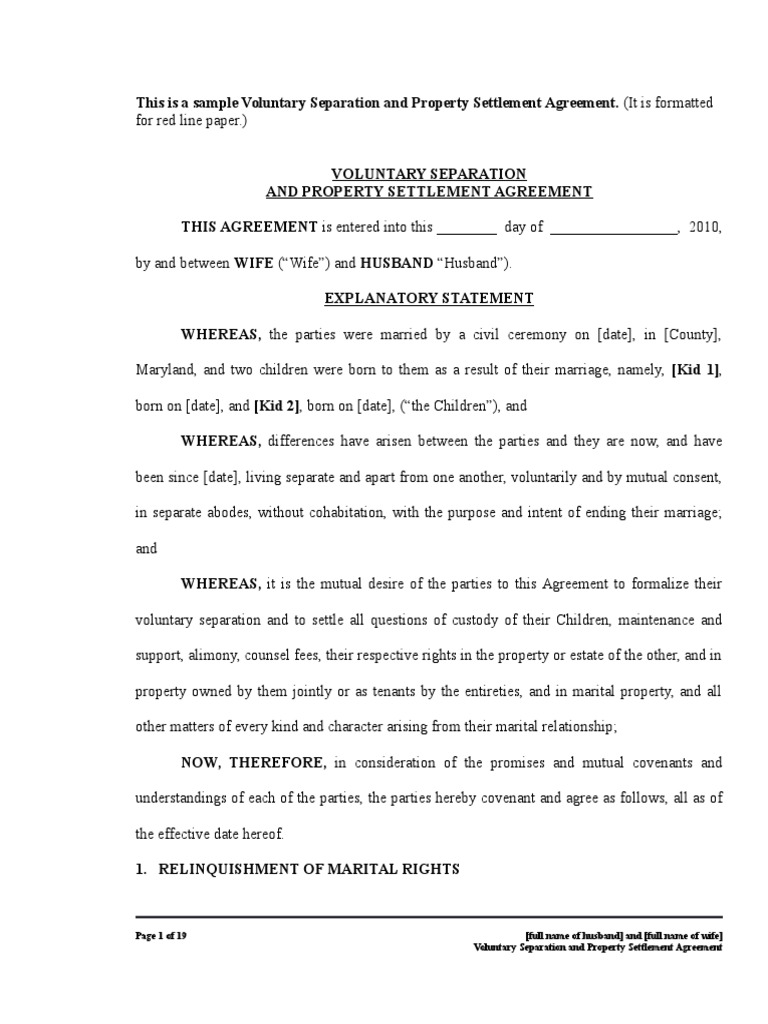 Sample Voluntary Separation and Property Settlement