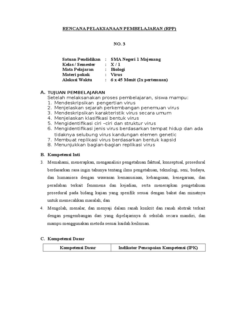 RPP Biologi Kelas X: Materi Virus | PDF | Karier & Perkembangan