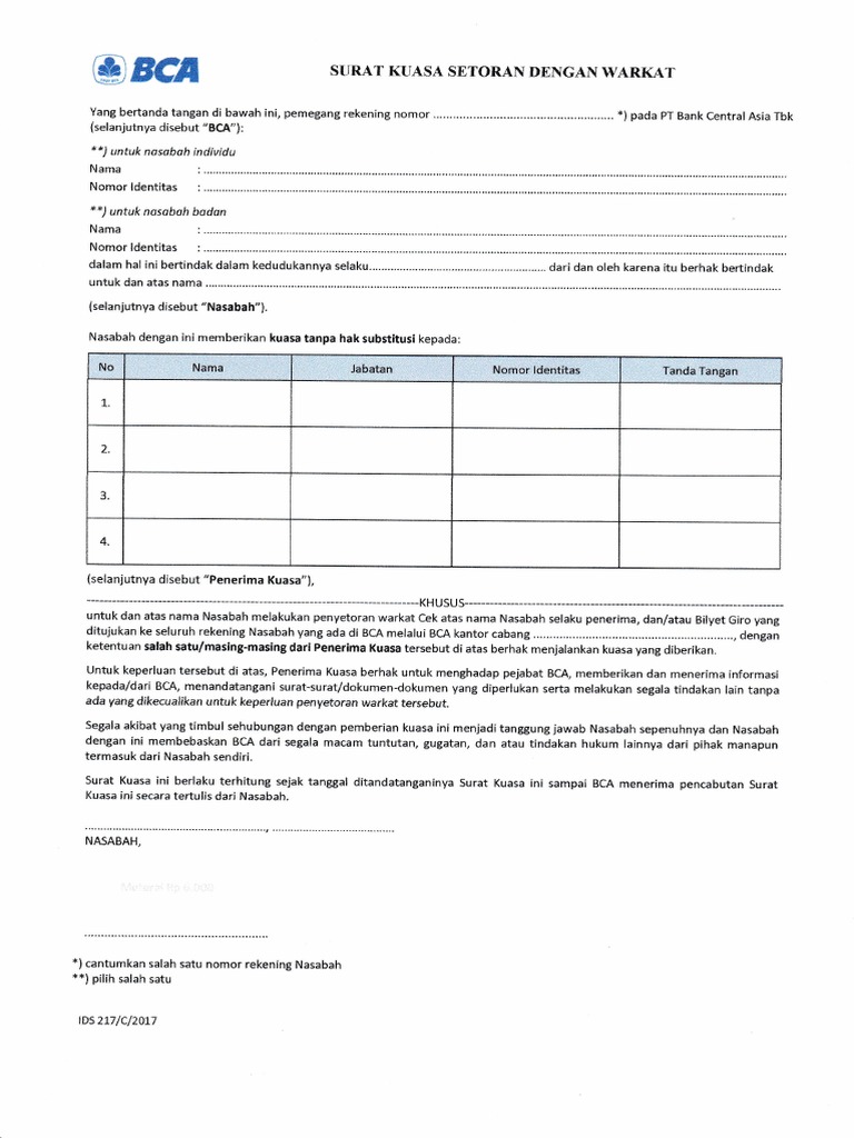 Surat Kuasa Setoran Dengan Warkat Bca