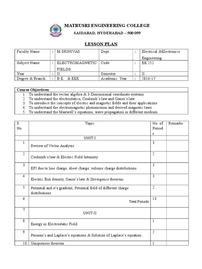 Electromagnetic Fields Lesson Plan EE 252 | PDF | Magnetic Field ...