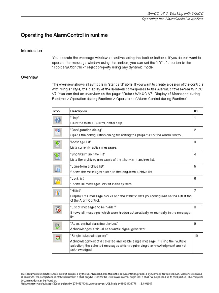 Operating WinCC AlarmControl V7.3 | PDF | Tab (Gui) | Icon (Computing)