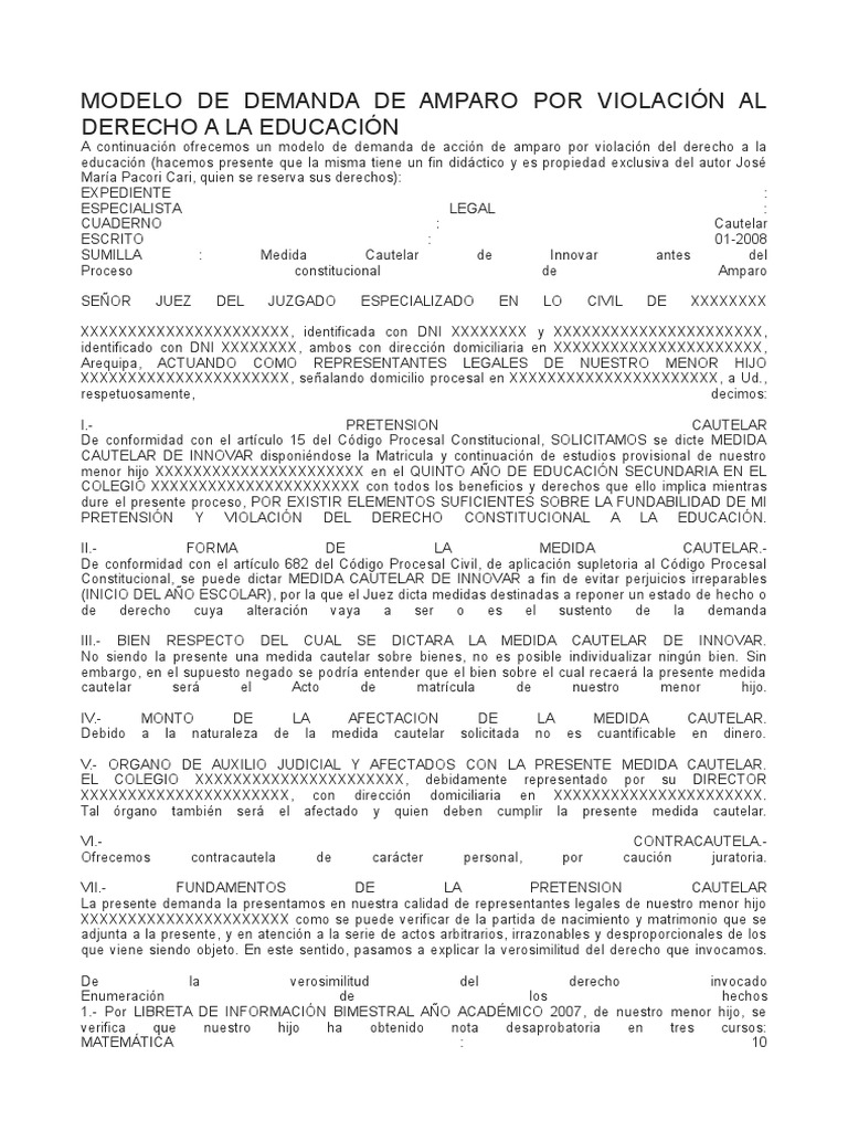 Modelo de Demanda de Amparo Por Violación Al Derecho A La Educación ...