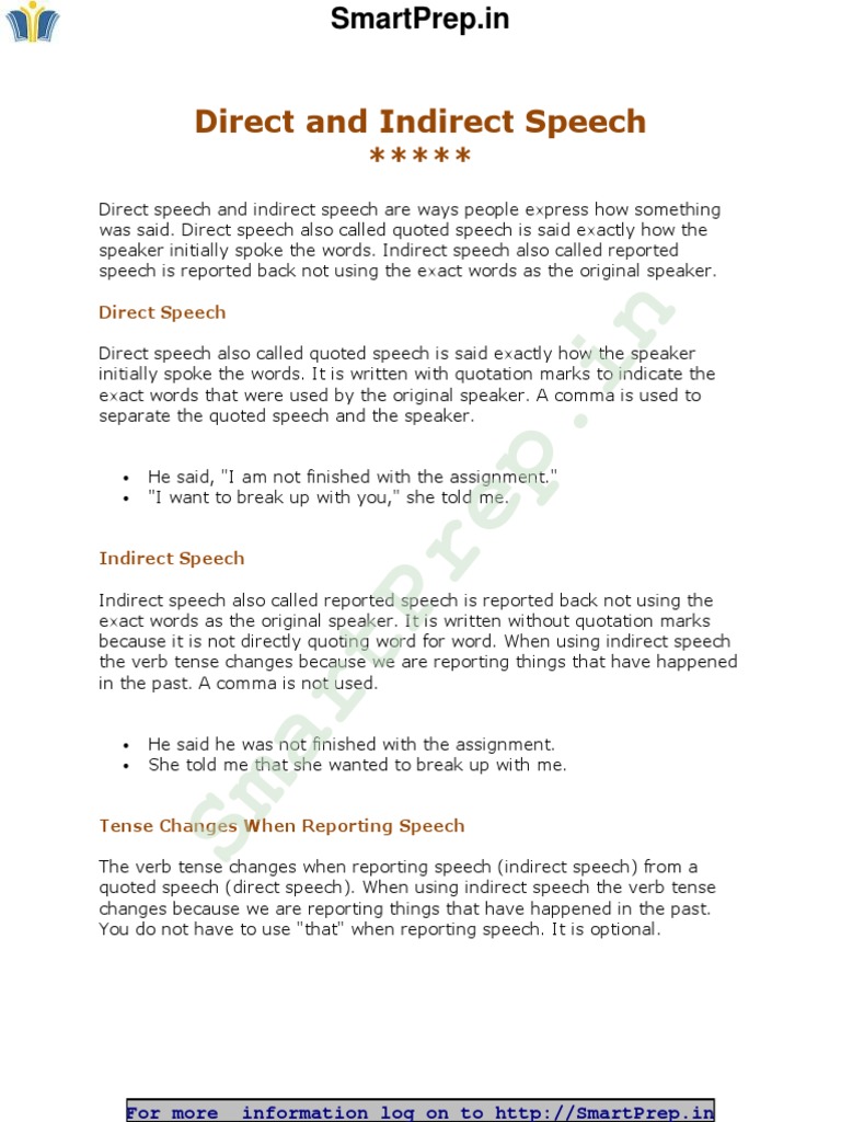 Direct and Indirect Speech General English Grammar Material PDF ...