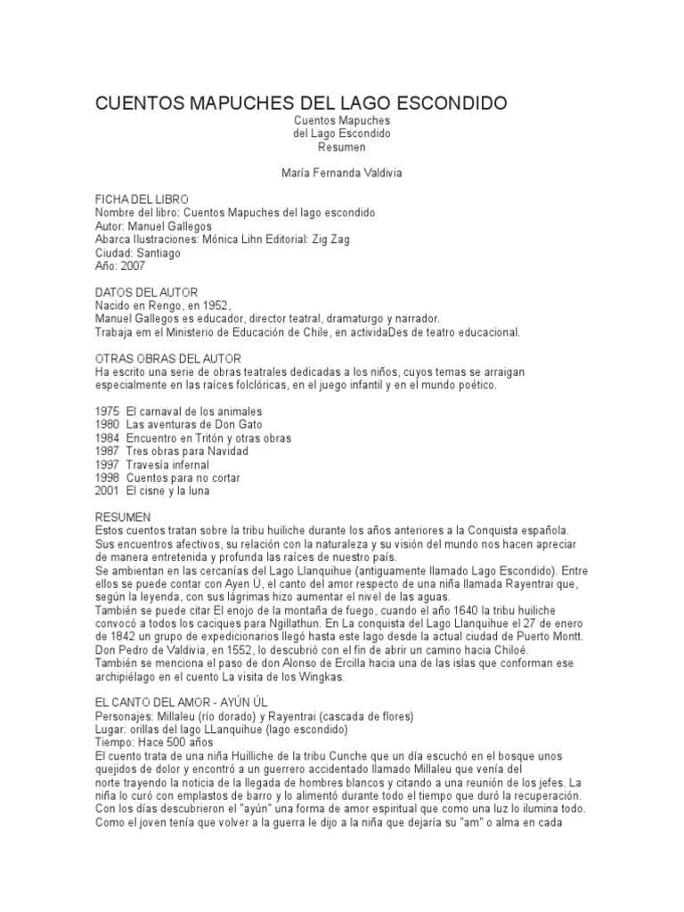 Cuentos Mapuches Del Lago Escondido PDF Amor Naturaleza
