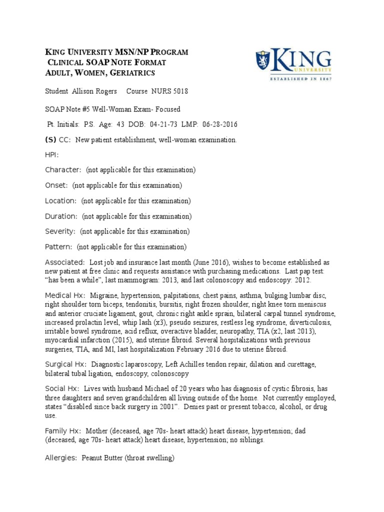 nurs 5018 soap note wellwoman exam Cardiology Competence (Human