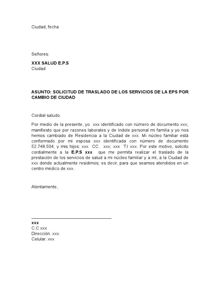 Formato Carta Solicitud De Traslado De Eps