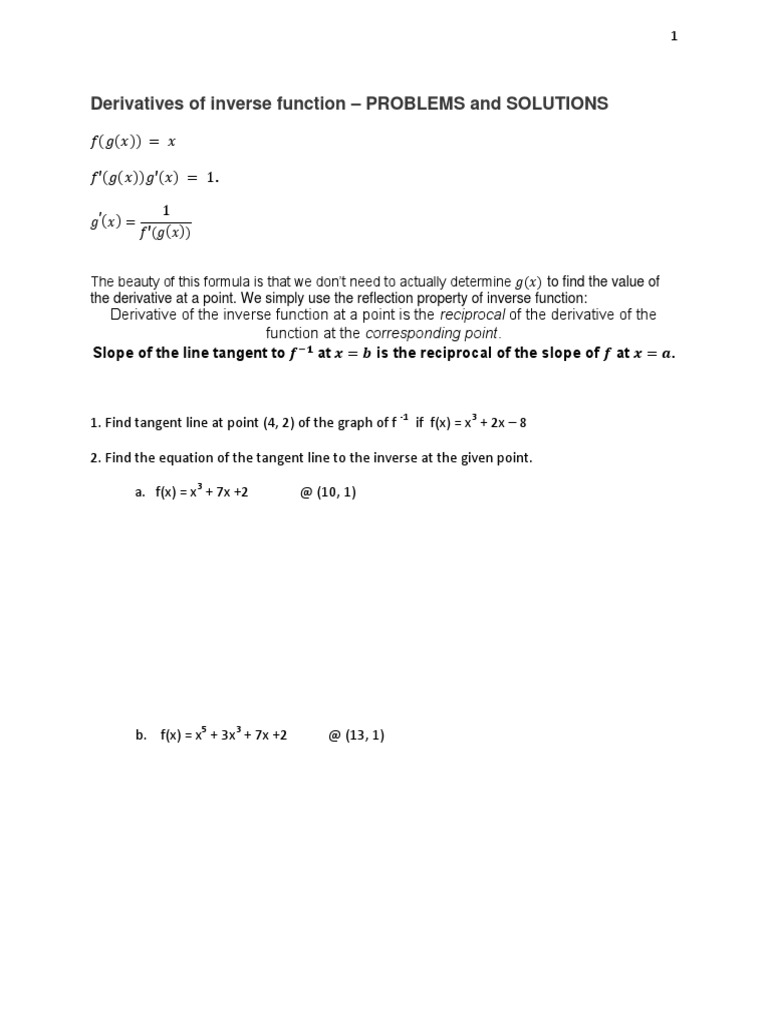 Derivatives of Inverse Function - Problems and Solutions | PDF ...