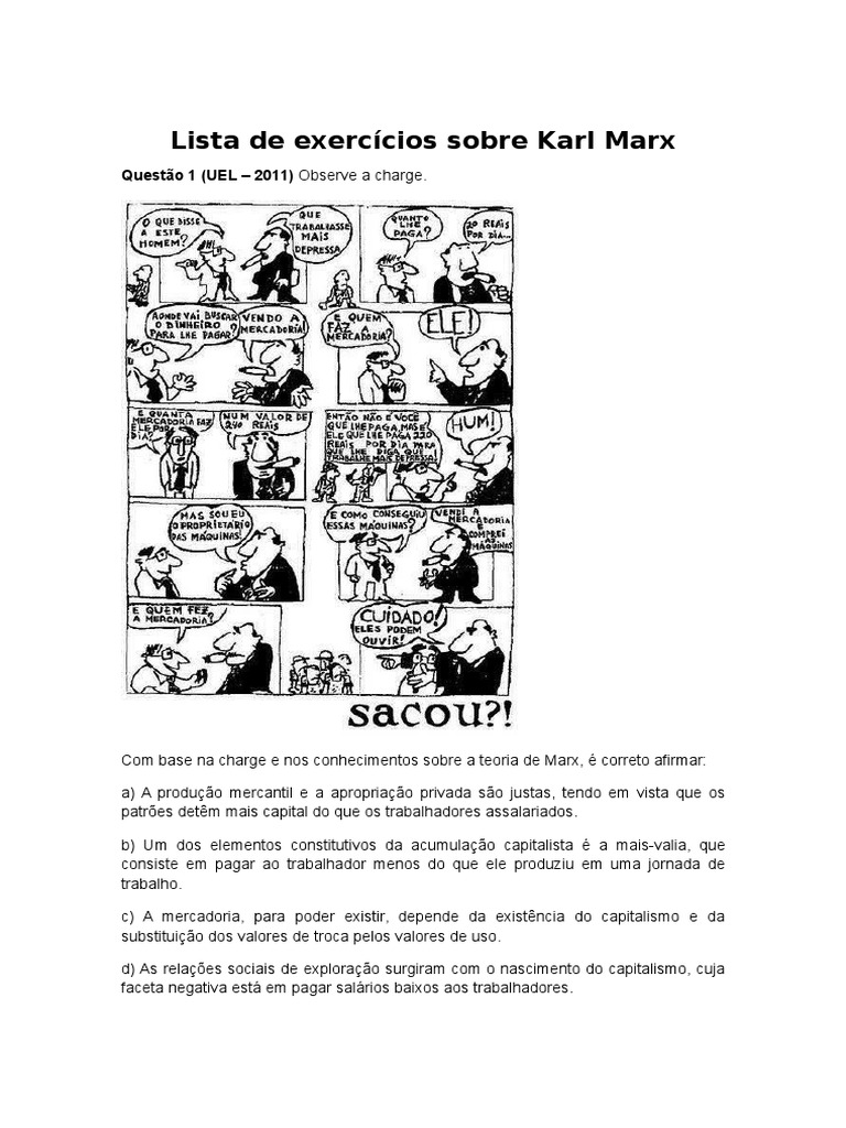 Exercícios sobre Karl Marx e Mais-Valia | PDF | Sociologia | Karl Marx