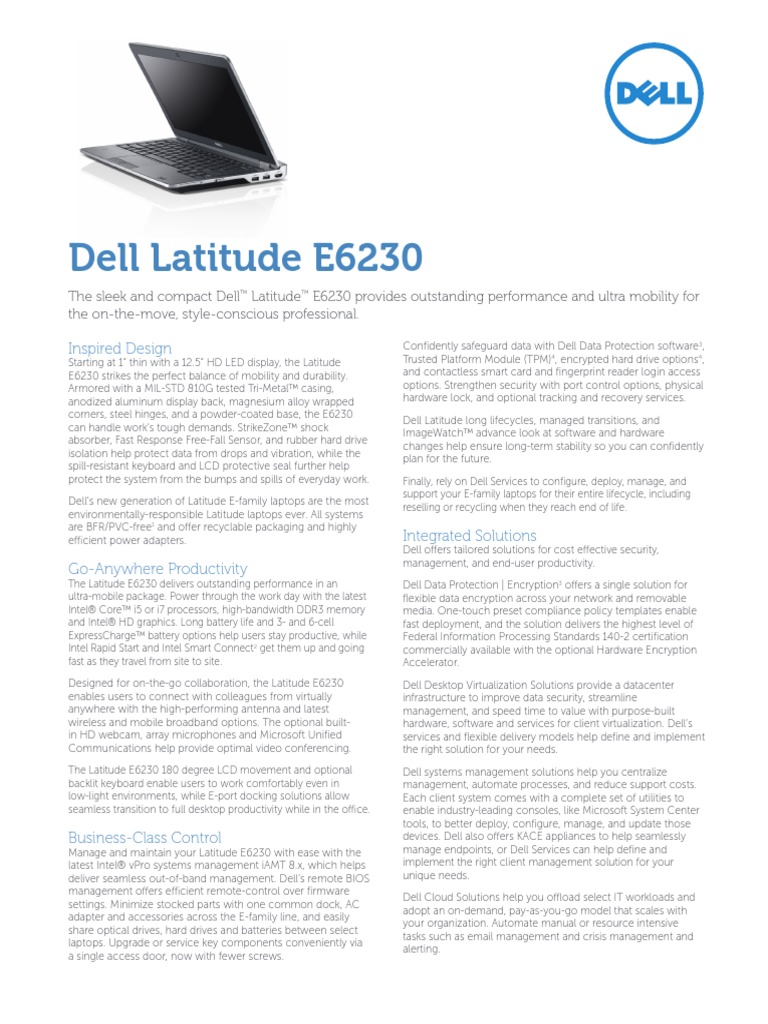 Dell Latitude E6230 Spec Sheet | PDF | Computer Hardware | Electronic ...