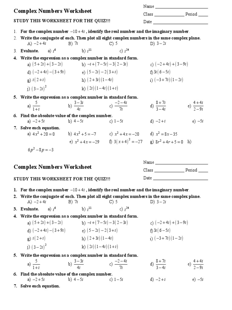 Complex Numbers Review Worksheet Pdf