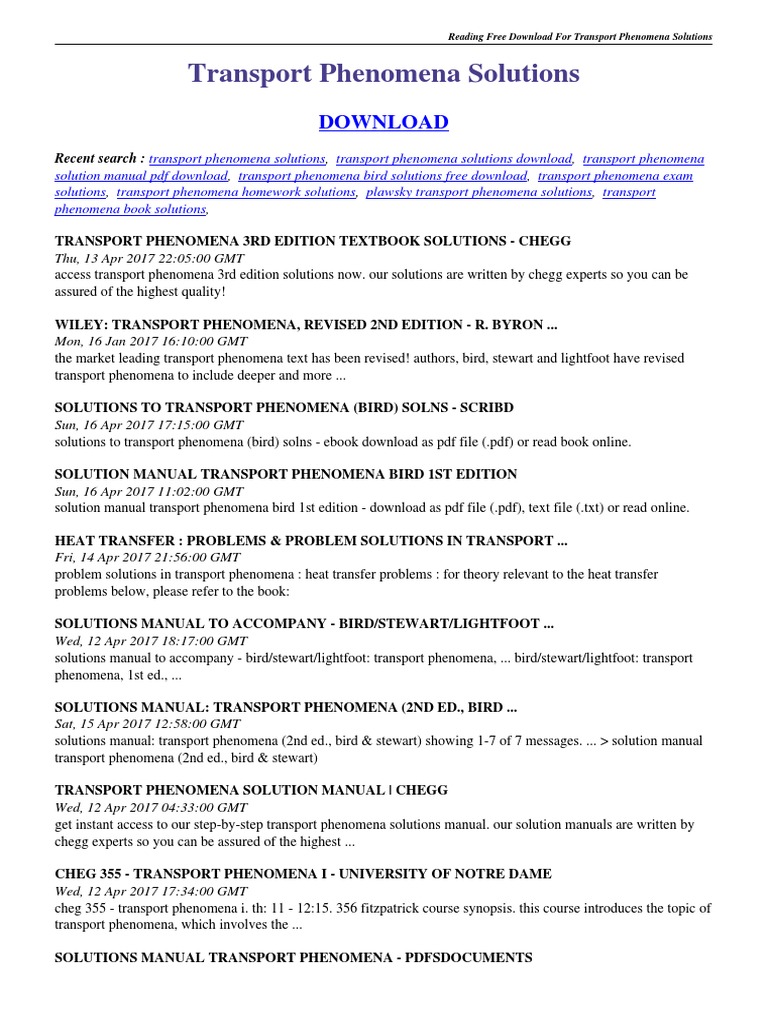 Transport Phenomena Solutions | PDF