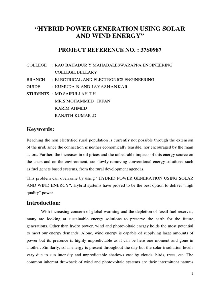 Hybrid Power Generation Using Solar and Wind Energy PDF Wind Power Energy Development