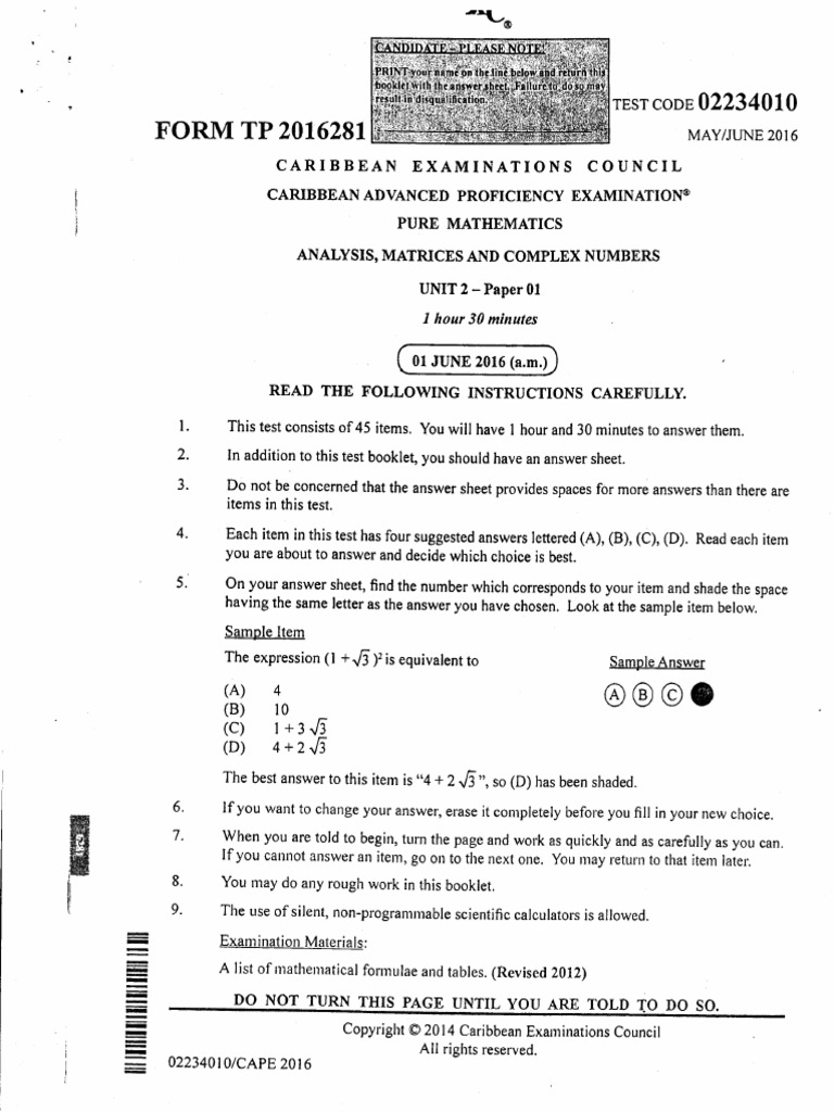 CAPE 2016 Pure Mathematics Exam Paper | PDF | Matrix (Mathematics ...