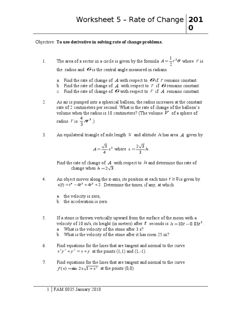 Rate of Change Problems Worksheet | PDF