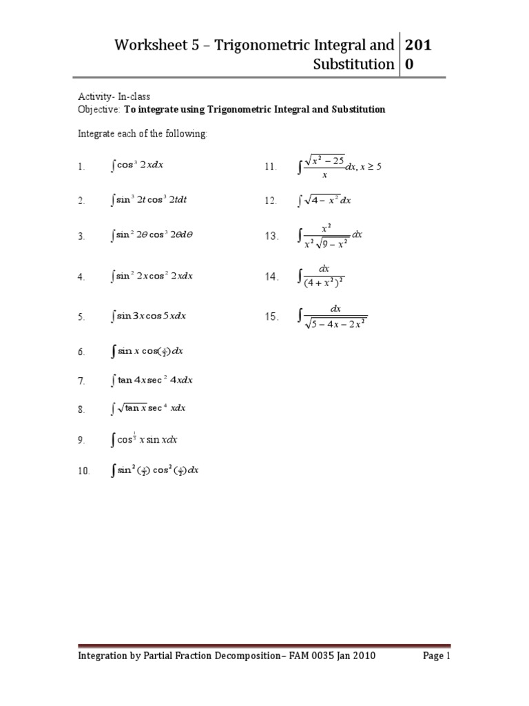 Trigonometric Integration Worksheet | PDF | Trigonometric Functions ...