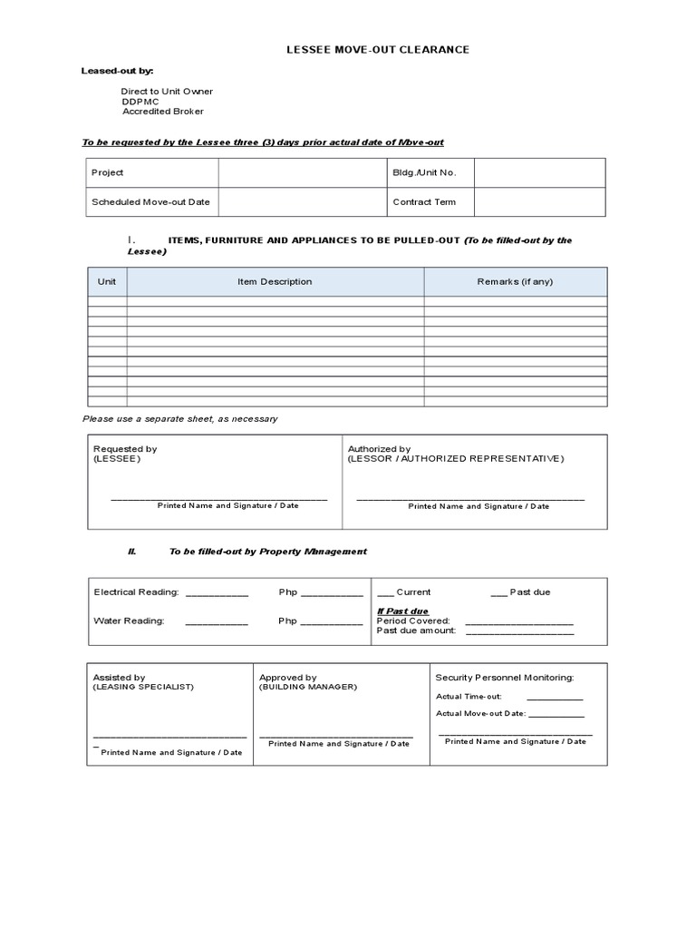 To Be Requested by The Lessee Three (3) Days Prior Actual Date of Move ...