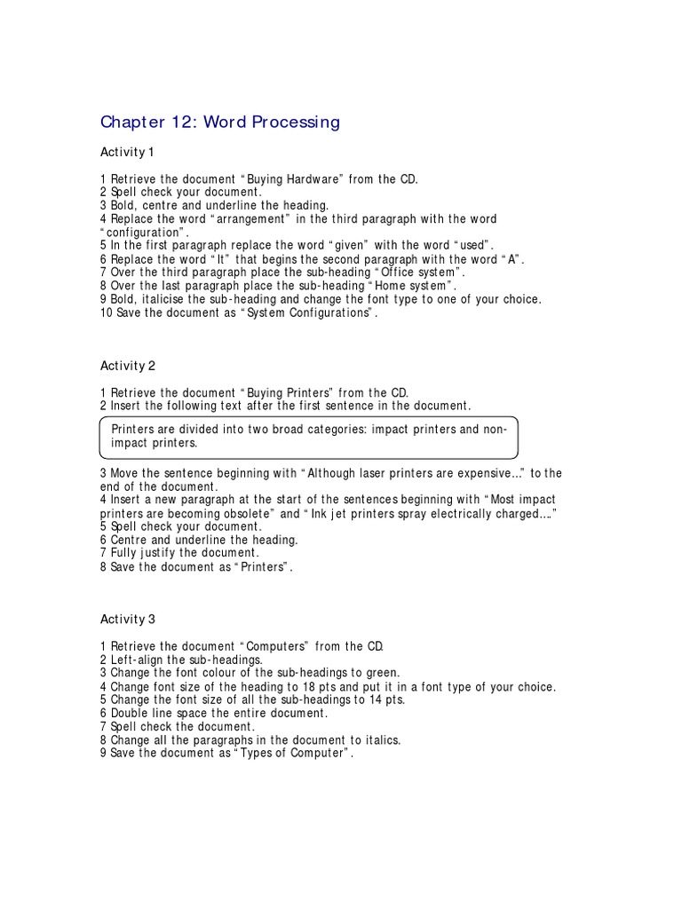 Word Processing Activities | PDF | Printer (Computing) | Word Processor