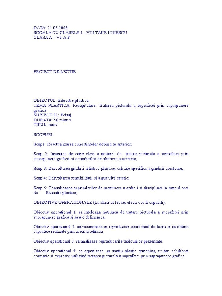 Proiect De Lectie Educatie Plastica Clasa 1