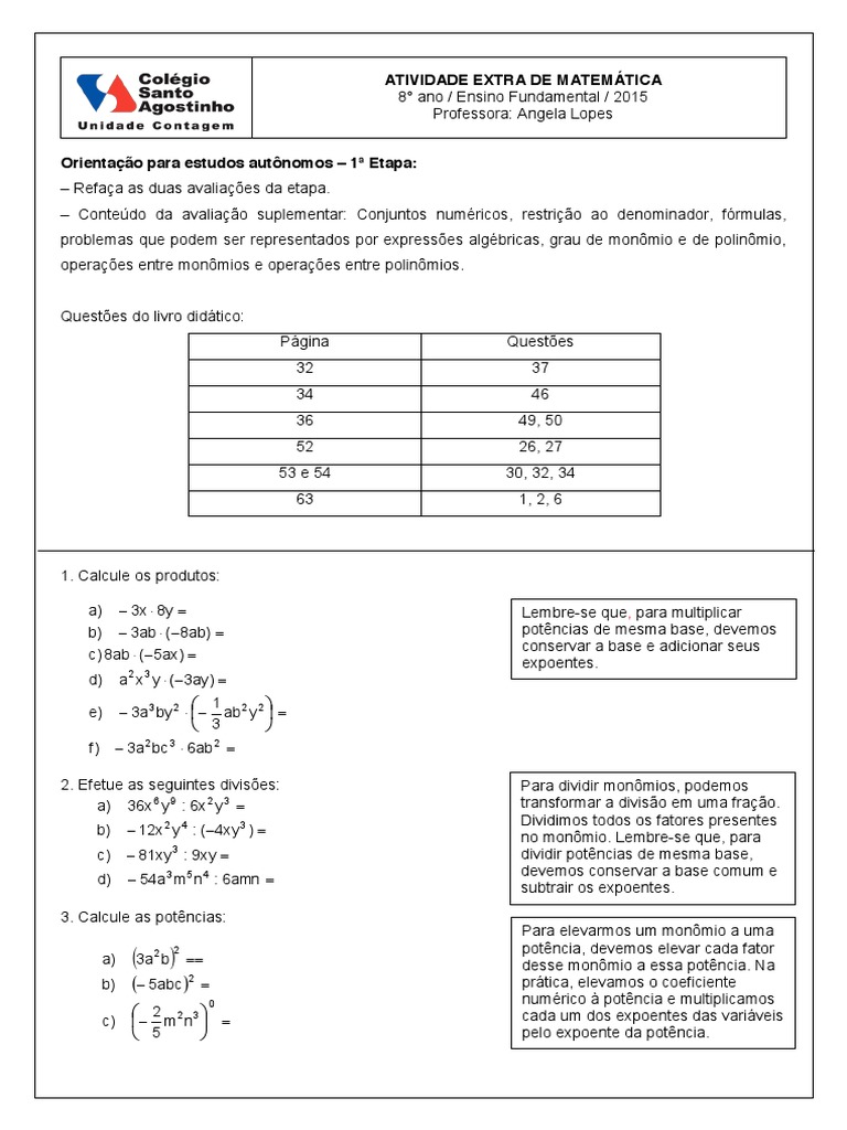 Resumo sobre Monômios e Polinômios | PDF | Fração (Matemática ...
