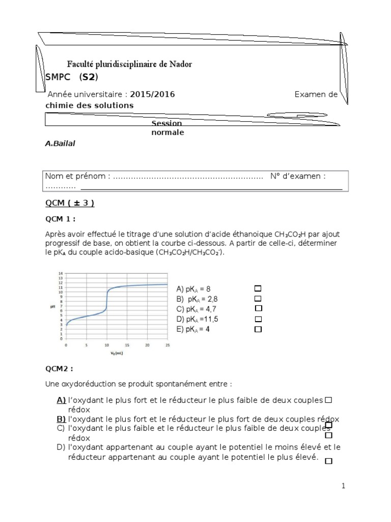 Examen de chimie S2 - Solutions | PDF | Dissociation (chimie ...