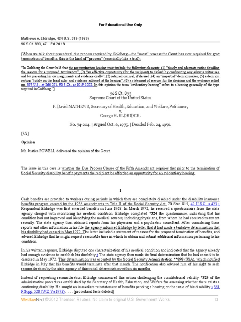Mathews V Eldridge Download Free PDF Fourteenth Amendment To The