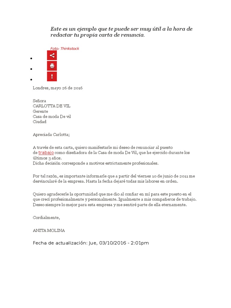 Carta de Renuncia Ejemplos  Derecho laboral  Recursos 