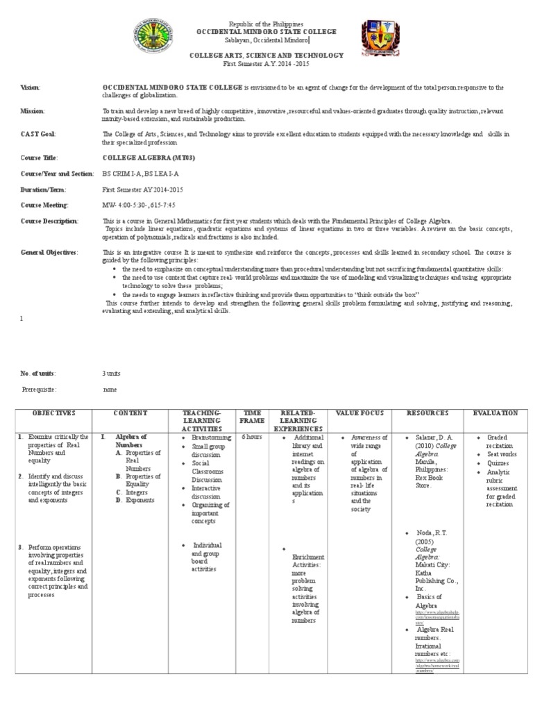 College Algebra Course Overview 2014-2015 | PDF | Factorization ...