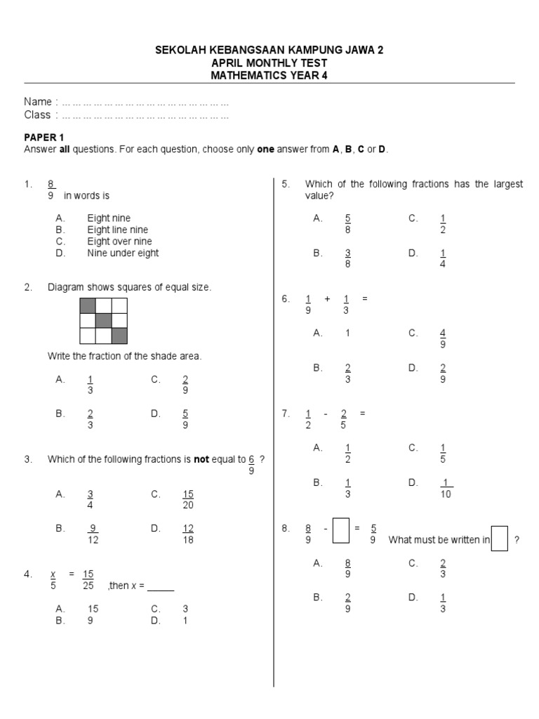 08 July Monthly Test - Y4 | PDF | Numbers | Arithmetic