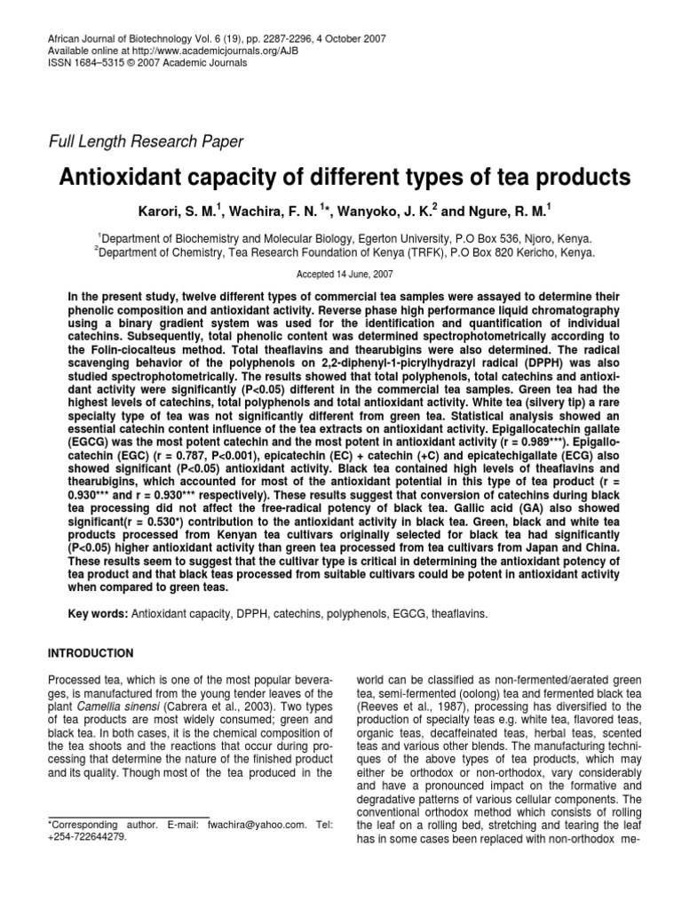 Antioxidant Capacity of Different Types of Tea Products PDF | PDF ...