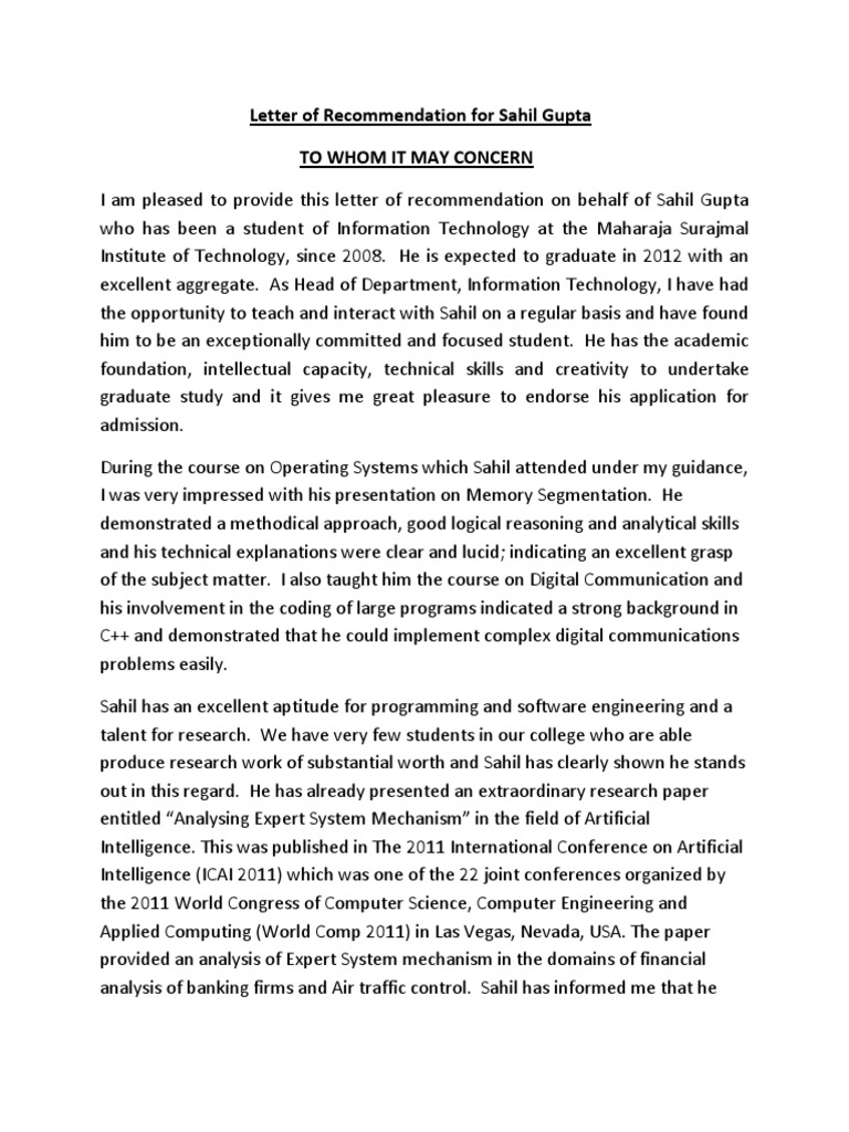 Recommendation for Sahil Gupta, IT Student | PDF | Graduate School ...