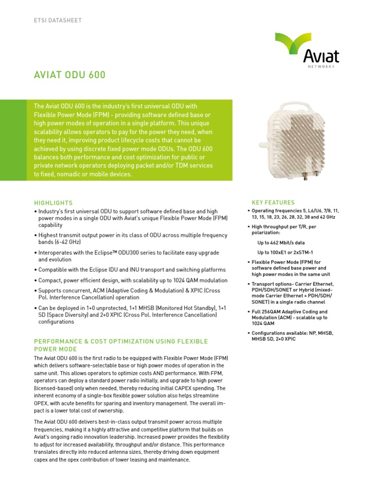 Aviat ODU 600 Datasheet PDF Engineering Radio
