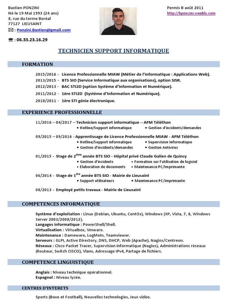 CV Technicien Support Informatique | PDF | Informatique | Serveur ...