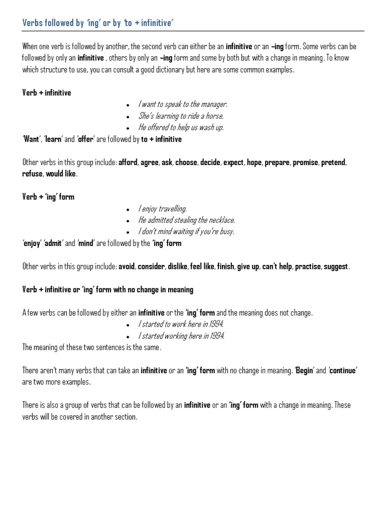 Verbs Followed By Ing Or By To Infinitive Pdf Verb Languages