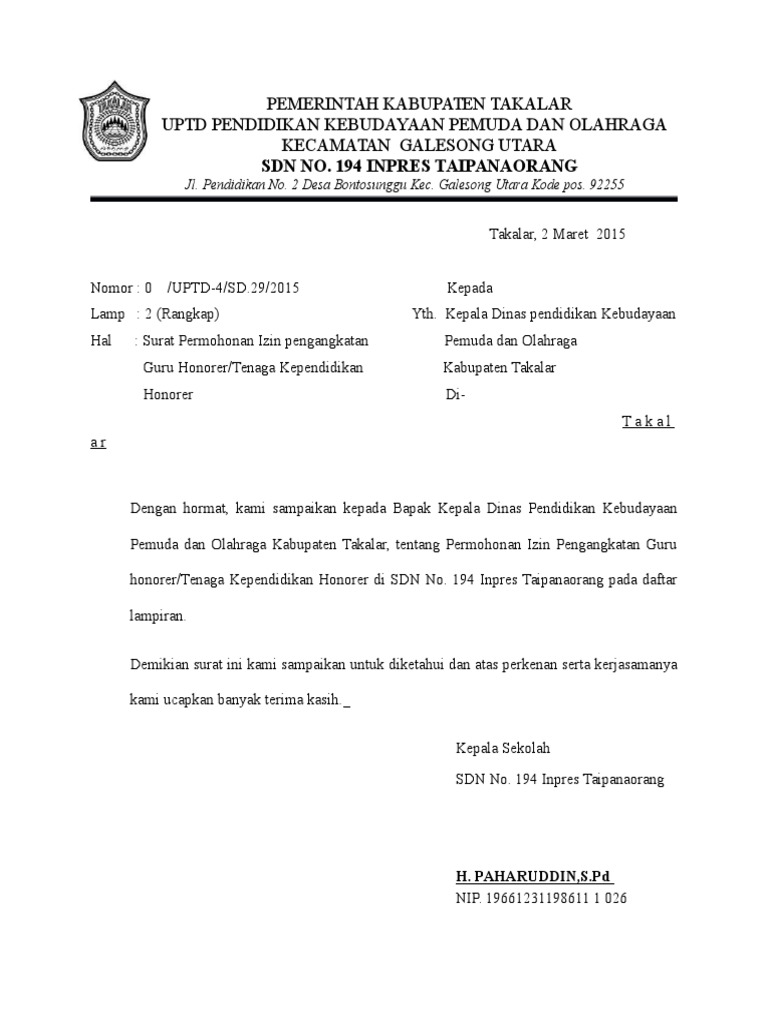 Contoh Surat Permohonan Untuk Mendapatkan Tenaga Pengajar