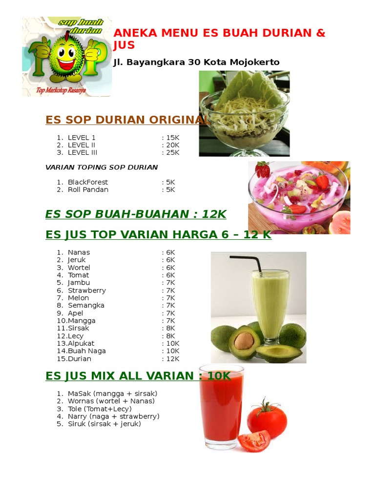 Menu and Pricing for Durian Shaved Ice, Fruit Shaved Ice, and Fruit
