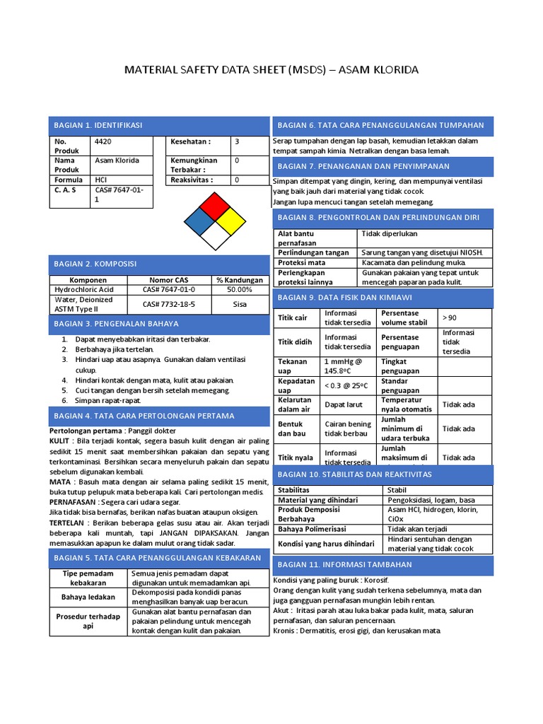 PDF) MSDS Asam Klorida (HCl) Fahmed Prawi, 60% OFF