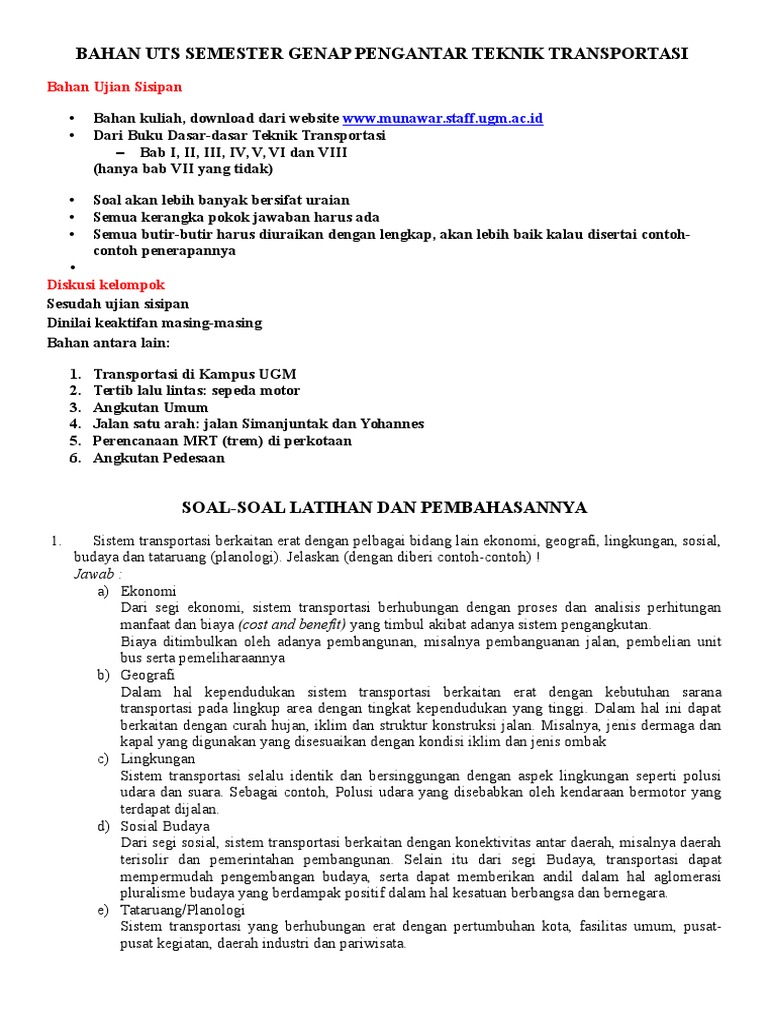 Pembahasan Soal Pengantar Teknik Transportasi