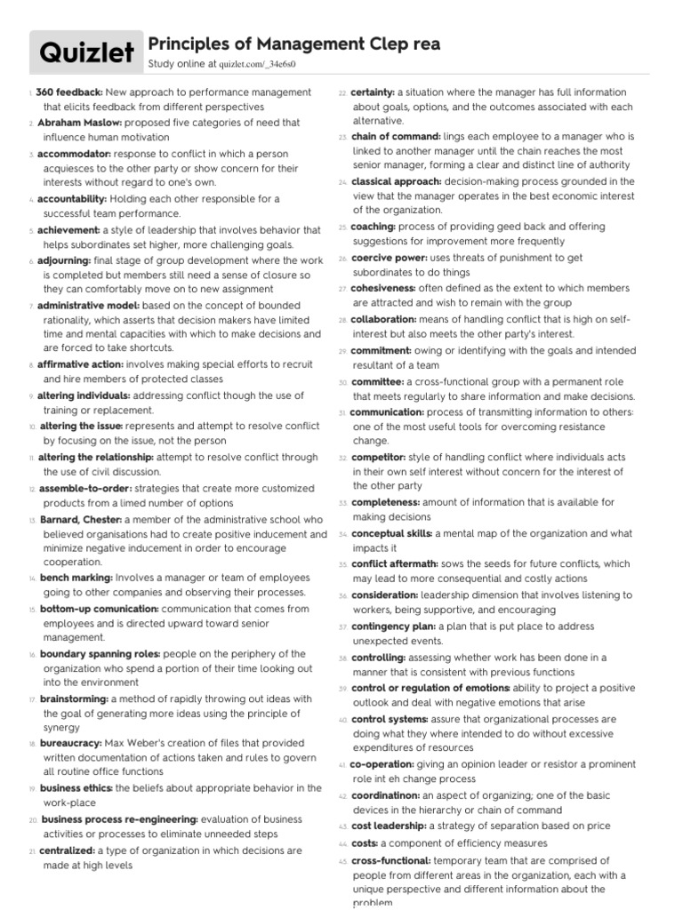 Clep Prep Principles of Management Quizlet Glossary PDF Leadership