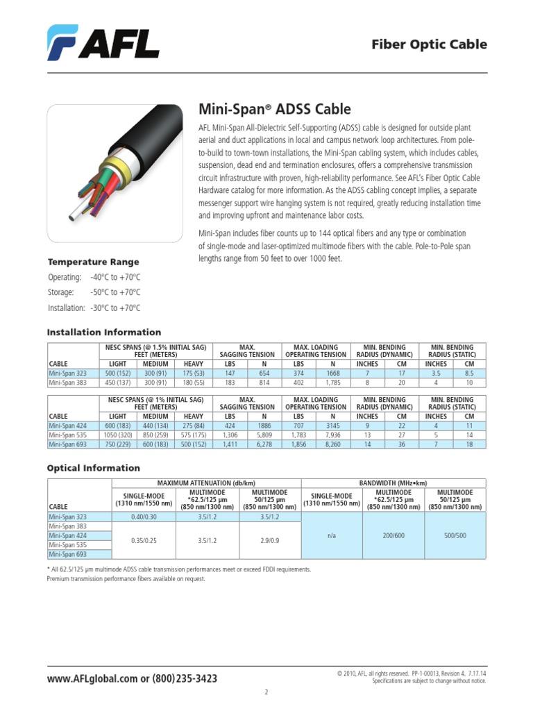Afl Especificaciones Cable Adss | PDF | Optical Fiber | Equipment
