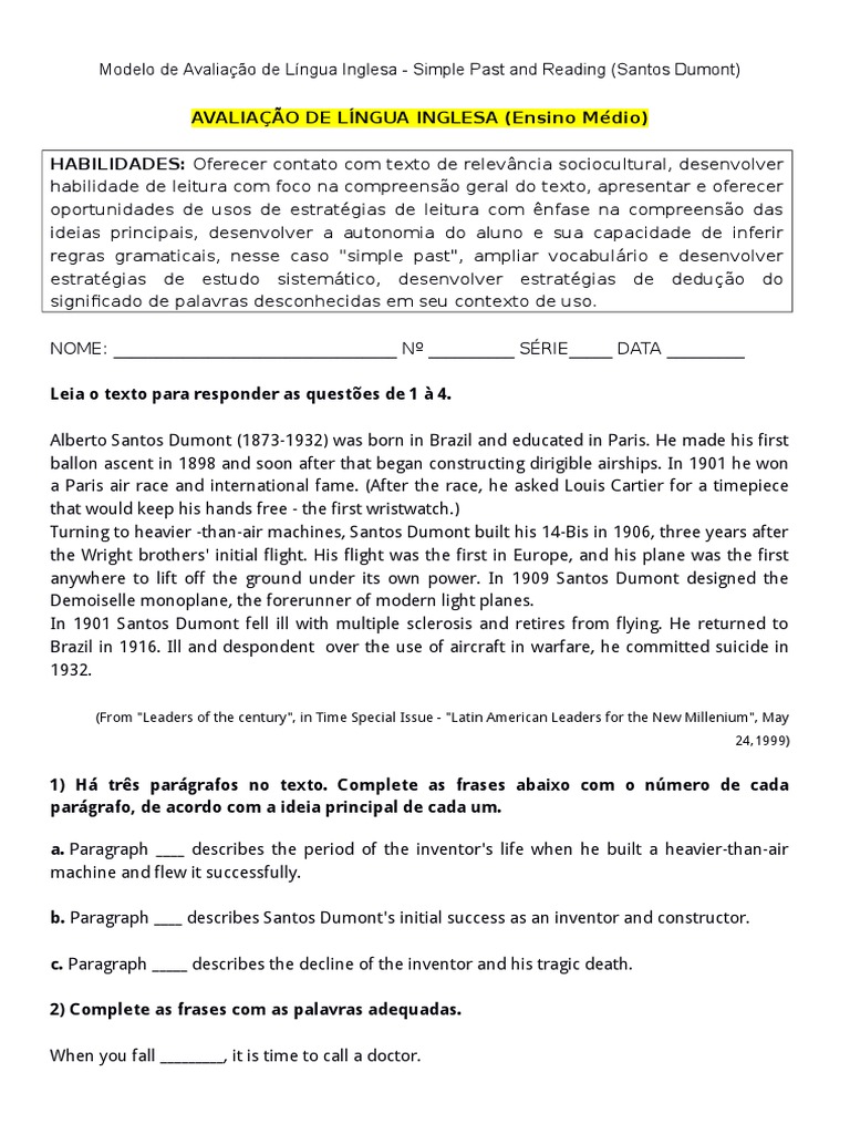 Modelo De Avaliacao De Lingua Inglesa Simple Past And Reading